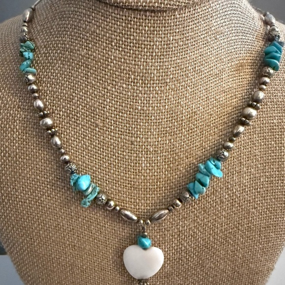 liquid silver Jewelry - Southwestern Liquid Silver Turquoise Mother of Pearl Heart Necklace 24 Inches